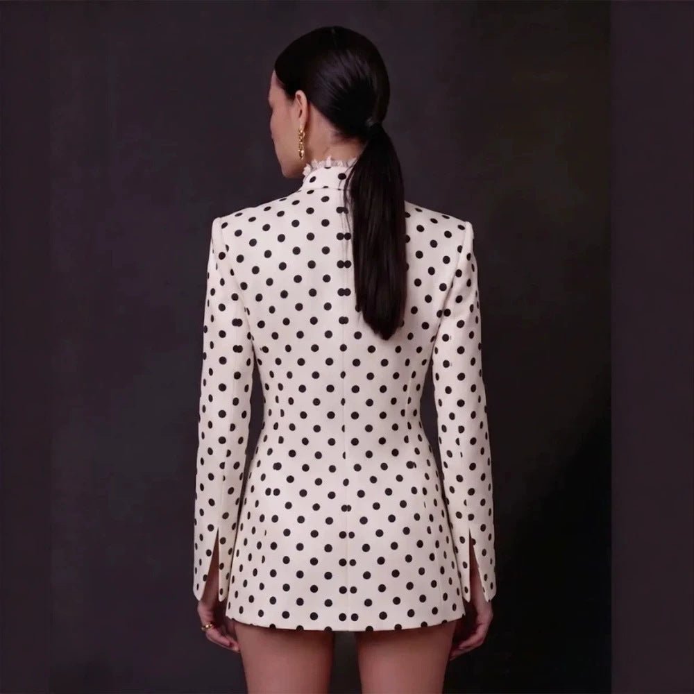 Women's Polka Dot Blazer Dress with Fringed Hem and Detachable Decorative Brooch Chichicherry - Chichicherry