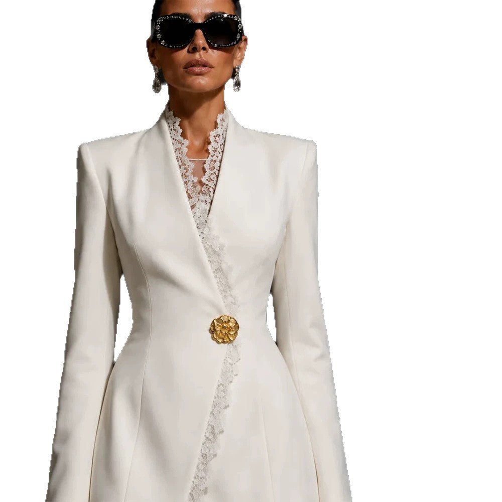 Women's Polka Dot Blazer Dress with Fringed Hem and Detachable Decorative Brooch Chichicherry - Chichicherry