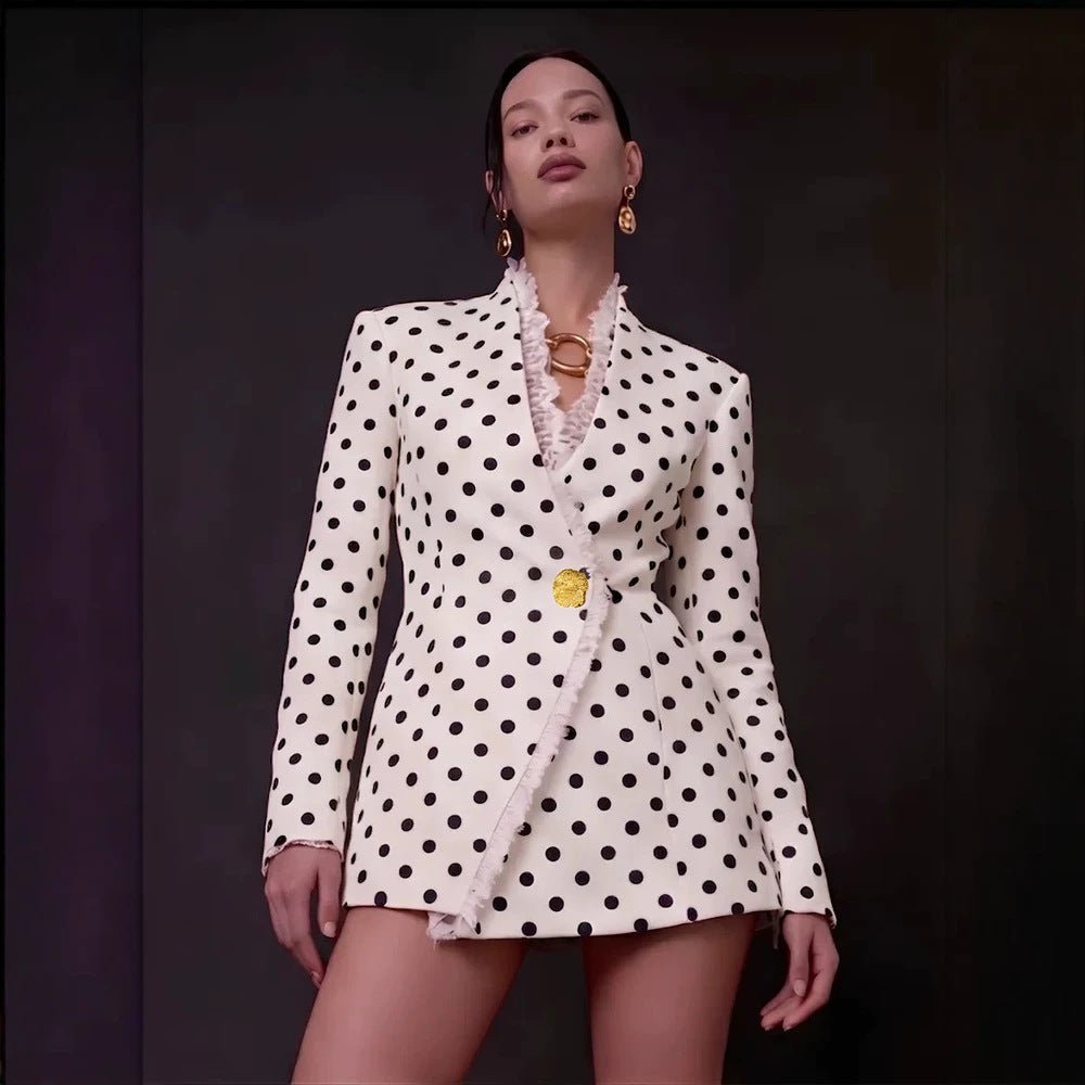 Women's Polka Dot Blazer Dress with Fringed Hem and Detachable Decorative Brooch Chichicherry - Chichicherry