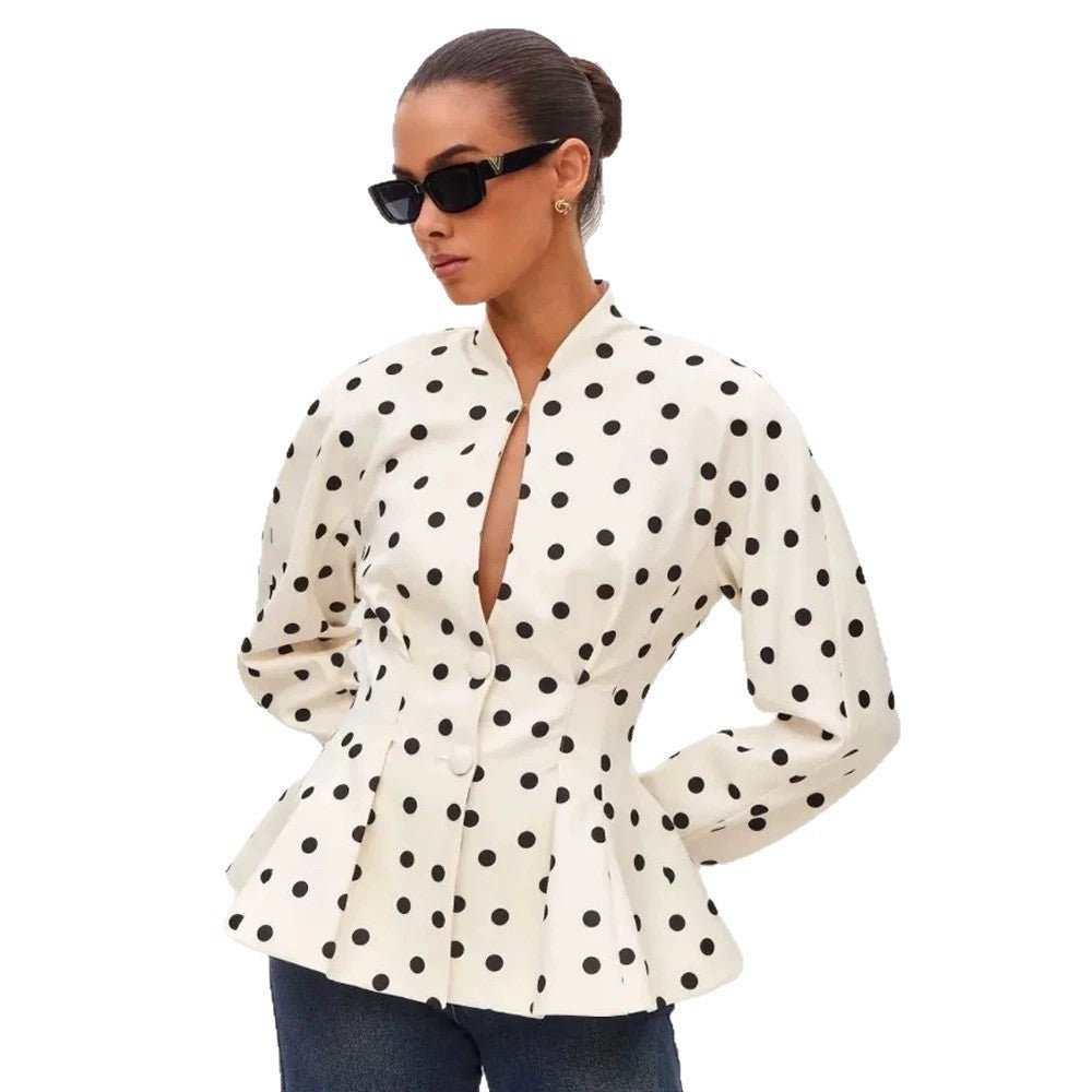 Women's Polka Dot Fitted Peplum Blouse with Stand-up Collar and Concealed Button Placket Chichicherry - Chichicherry