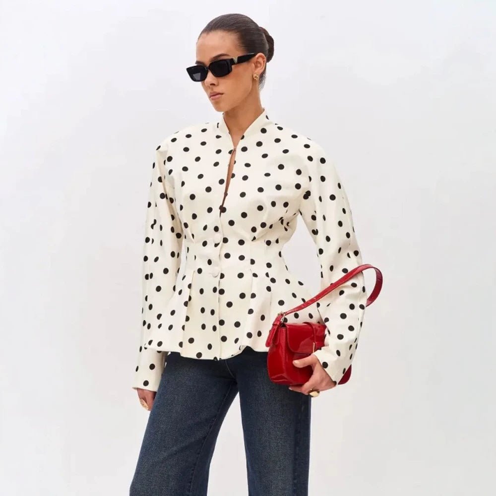 Women's Polka Dot Fitted Peplum Blouse with Stand-up Collar and Concealed Button Placket Chichicherry - Chichicherry