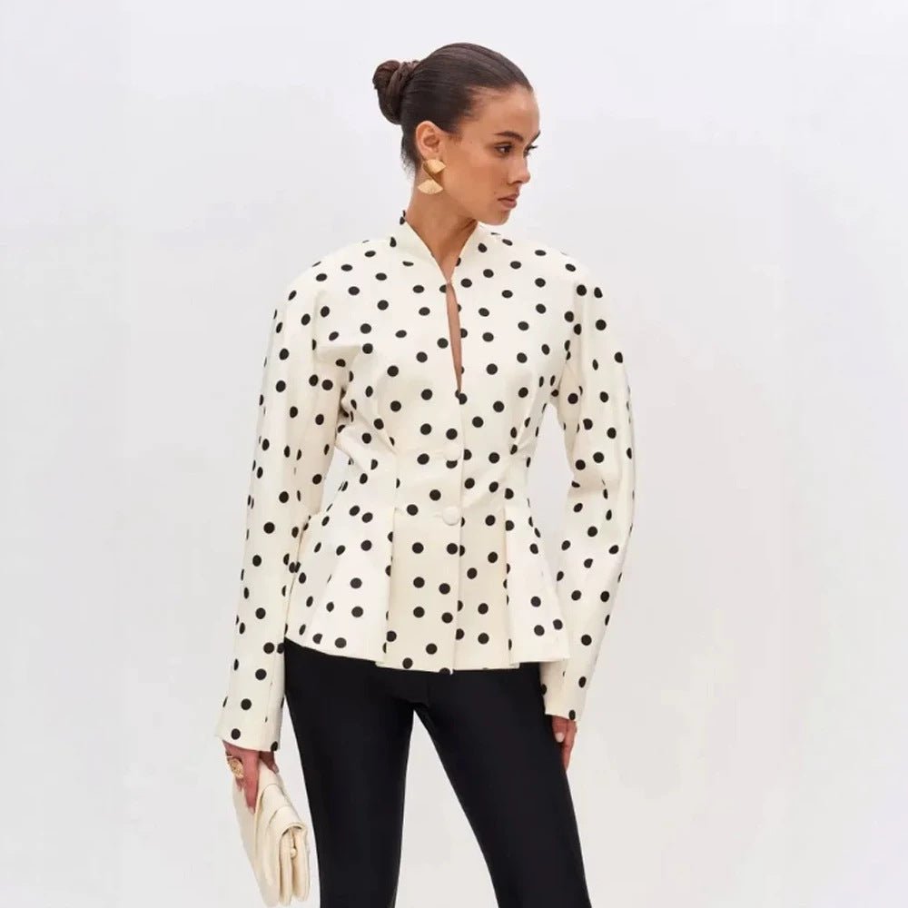 Women's Polka Dot Fitted Peplum Blouse with Stand-up Collar and Concealed Button Placket Chichicherry - Chichicherry