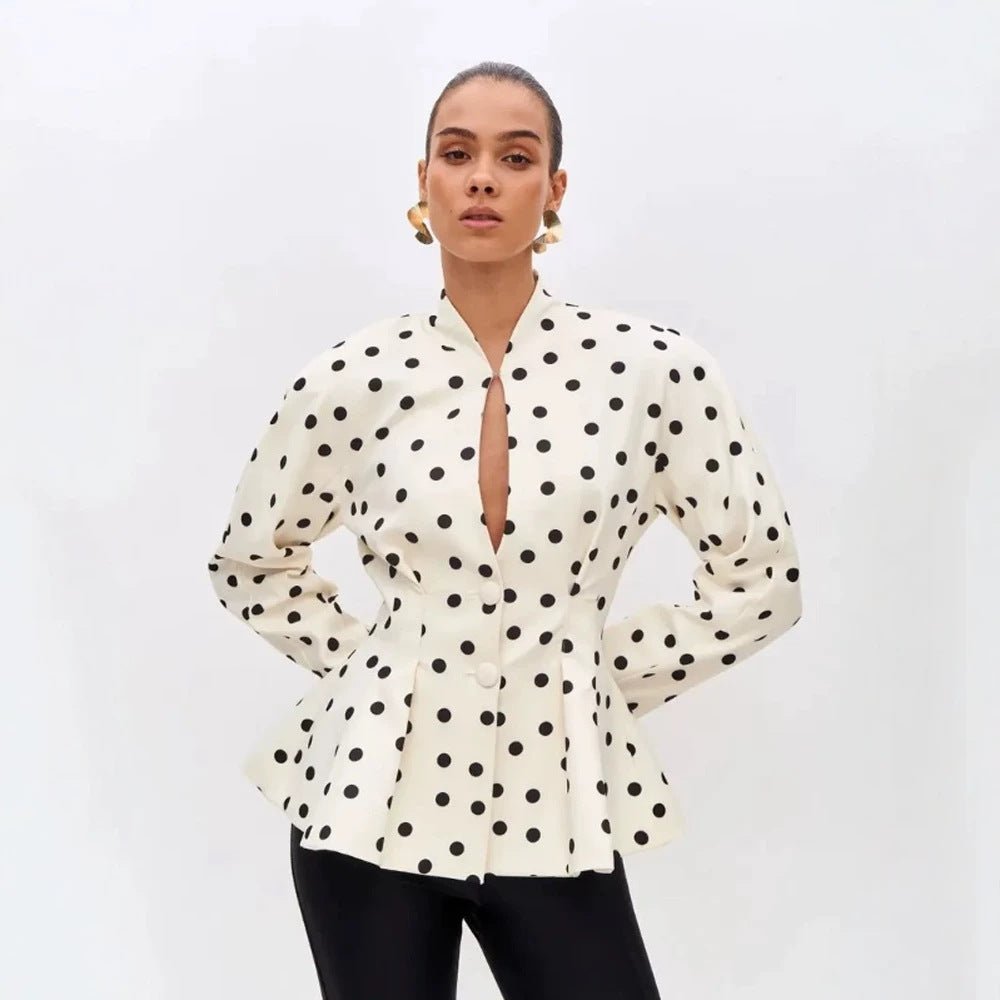 Women's Polka Dot Fitted Peplum Blouse with Stand-up Collar and Concealed Button Placket Chichicherry - Chichicherry
