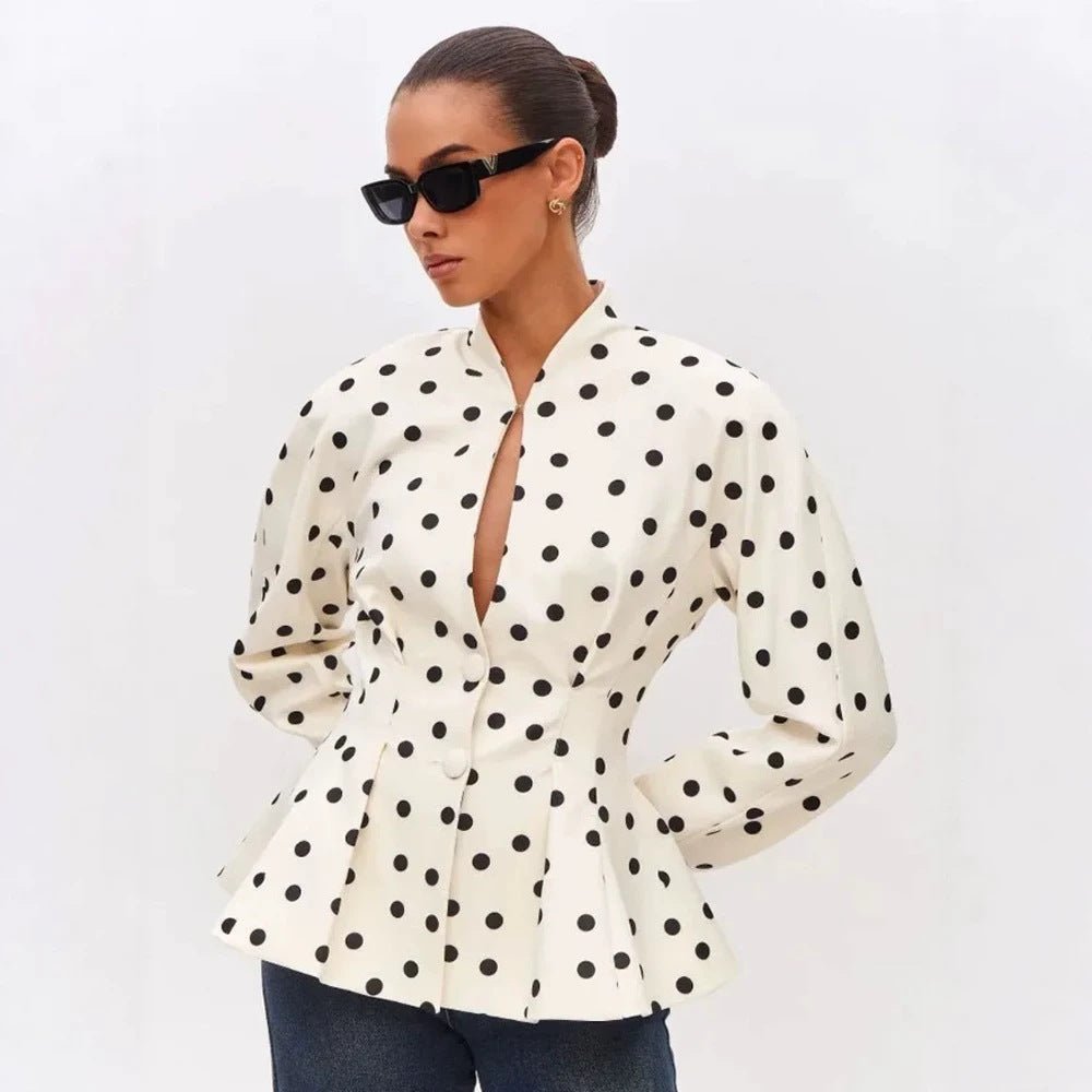 Women's Polka Dot Fitted Peplum Blouse with Stand-up Collar and Concealed Button Placket Chichicherry - Chichicherry