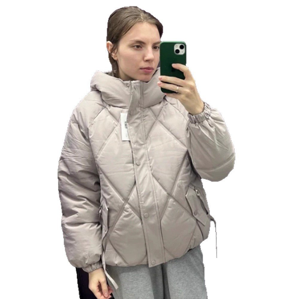 Women's Quilted Diamond-Quilted Puffer Jacket with Hood and Concealed Zipper Chichicherry - Chichicherry