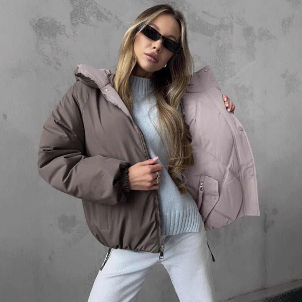 Women's Quilted Diamond-Quilted Puffer Jacket with Hood and Concealed Zipper Chichicherry - Chichicherry