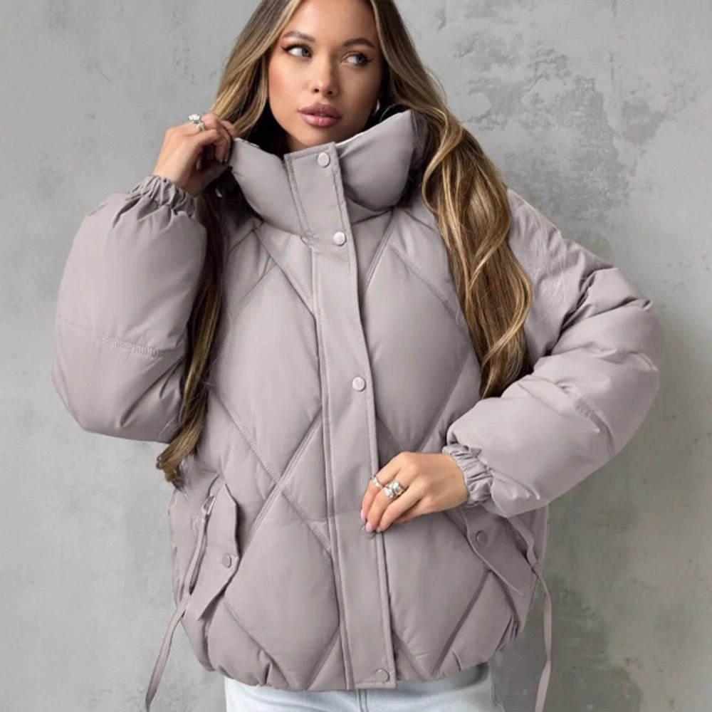 Women's Quilted Diamond-Quilted Puffer Jacket with Hood and Concealed Zipper Chichicherry - Chichicherry