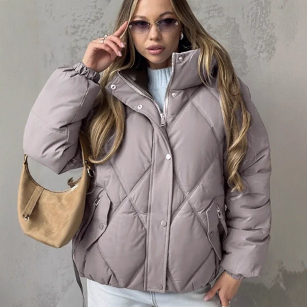 Women's Quilted Diamond-Quilted Puffer Jacket with Hood and Concealed Zipper Chichicherry - Chichicherry