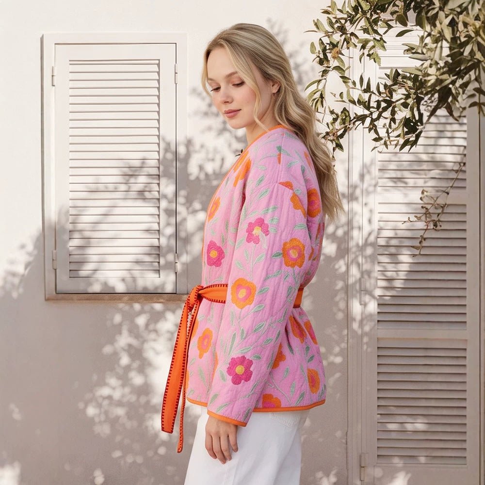 Women's Quilted Floral Kimono with Tie Belt Chichicherry - Chichicherry