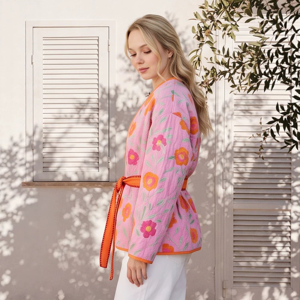 Women's Quilted Floral Kimono with Tie Belt Chichicherry - Chichicherry