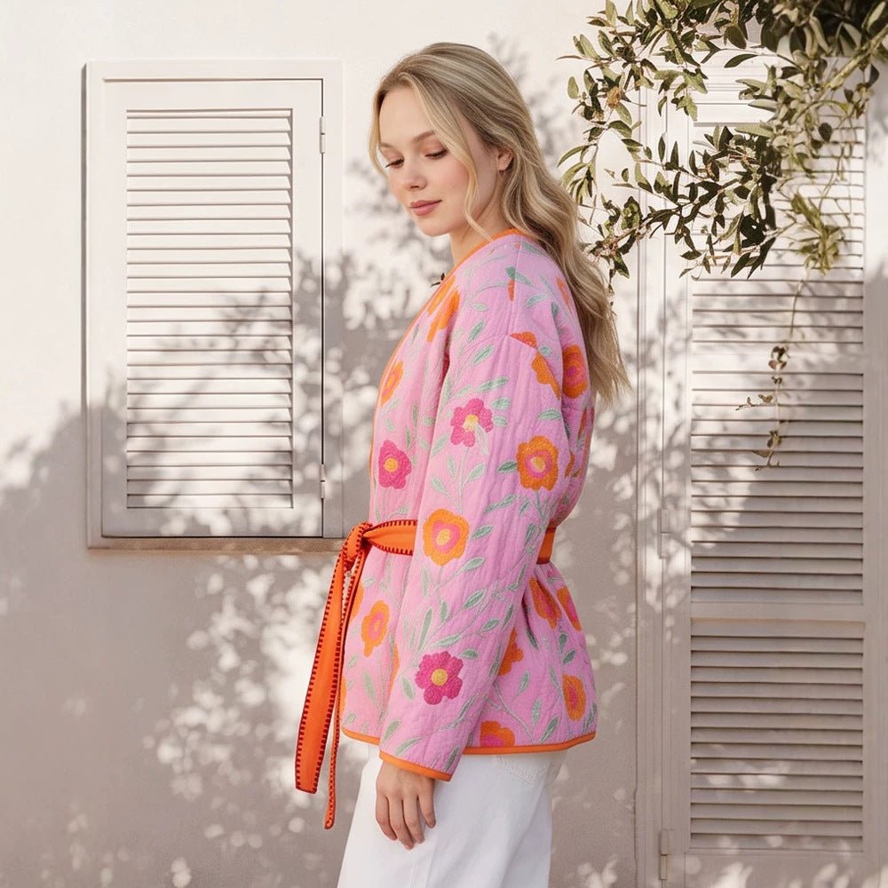 Women's Quilted Floral Kimono with Tie Belt Chichicherry - Chichicherry
