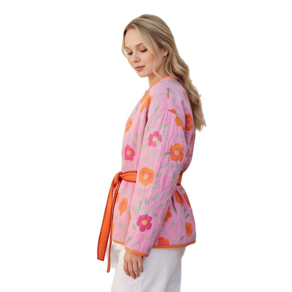 Women's Quilted Floral Kimono with Tie Belt Chichicherry - Chichicherry