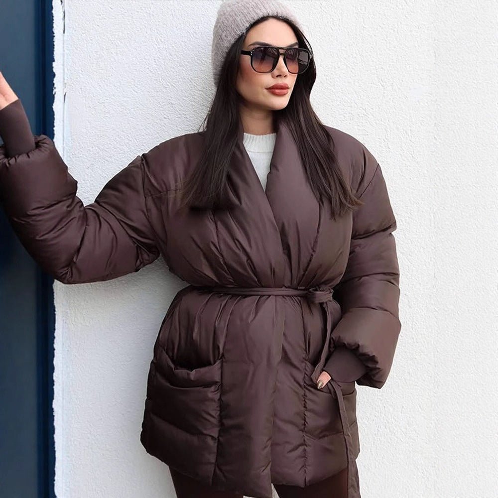 Women's Quilted Tailored Quilted Jacket with Shawl Collar and Tie Belt Chichicherry - Chichicherry