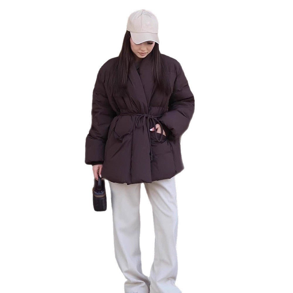 Women's Quilted Tailored Quilted Jacket with Shawl Collar and Tie Belt Chichicherry - Chichicherry