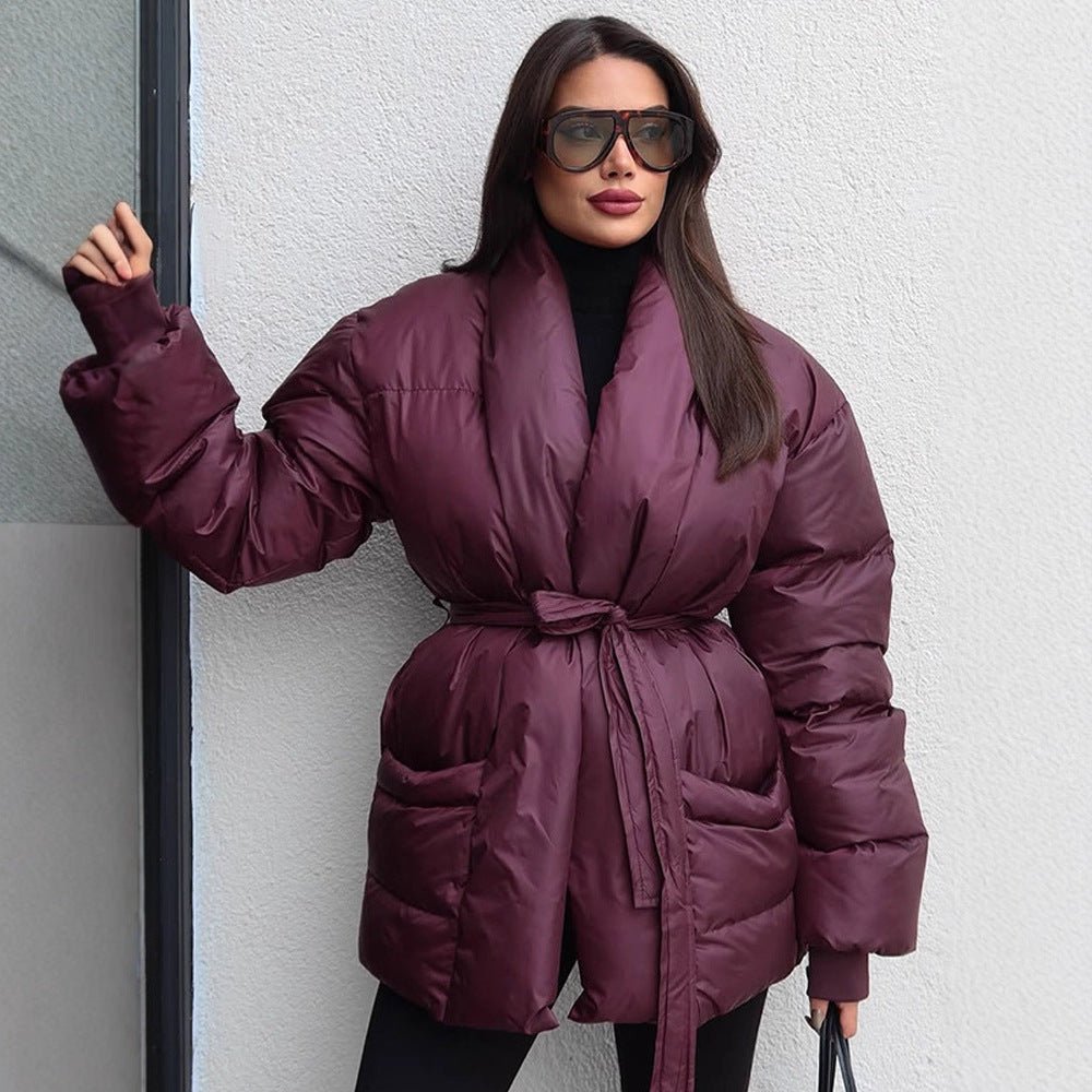 Women's Quilted Tailored Quilted Jacket with Shawl Collar and Tie Belt Chichicherry - Chichicherry