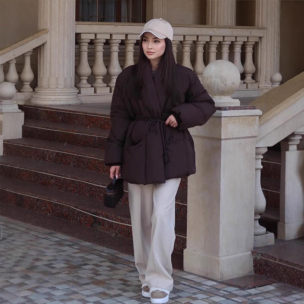 Women's Quilted Tailored Quilted Jacket with Shawl Collar and Tie Belt Chichicherry - Chichicherry