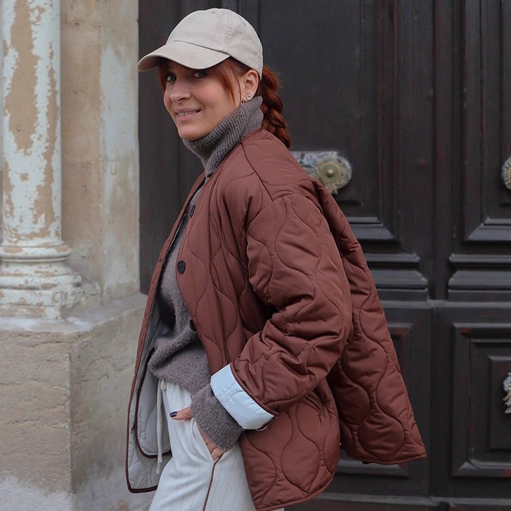 Women's quilted transitional jacket with round quilting, boxy silhouette and press stud placket Chichicherry - Chichicherry