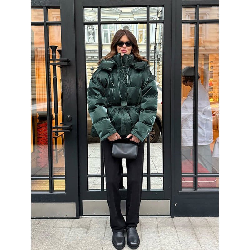 Women's Quilted Winter Jacket with Waist Drawstring and High Stand-Up Collar Chichicherry - Chichicherry