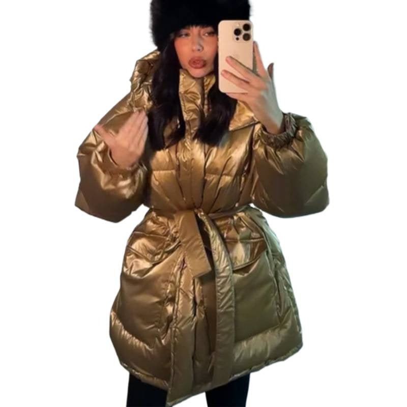 Women's Quilted Winter Jacket with Waist Drawstring and High Stand-Up Collar Chichicherry - Chichicherry