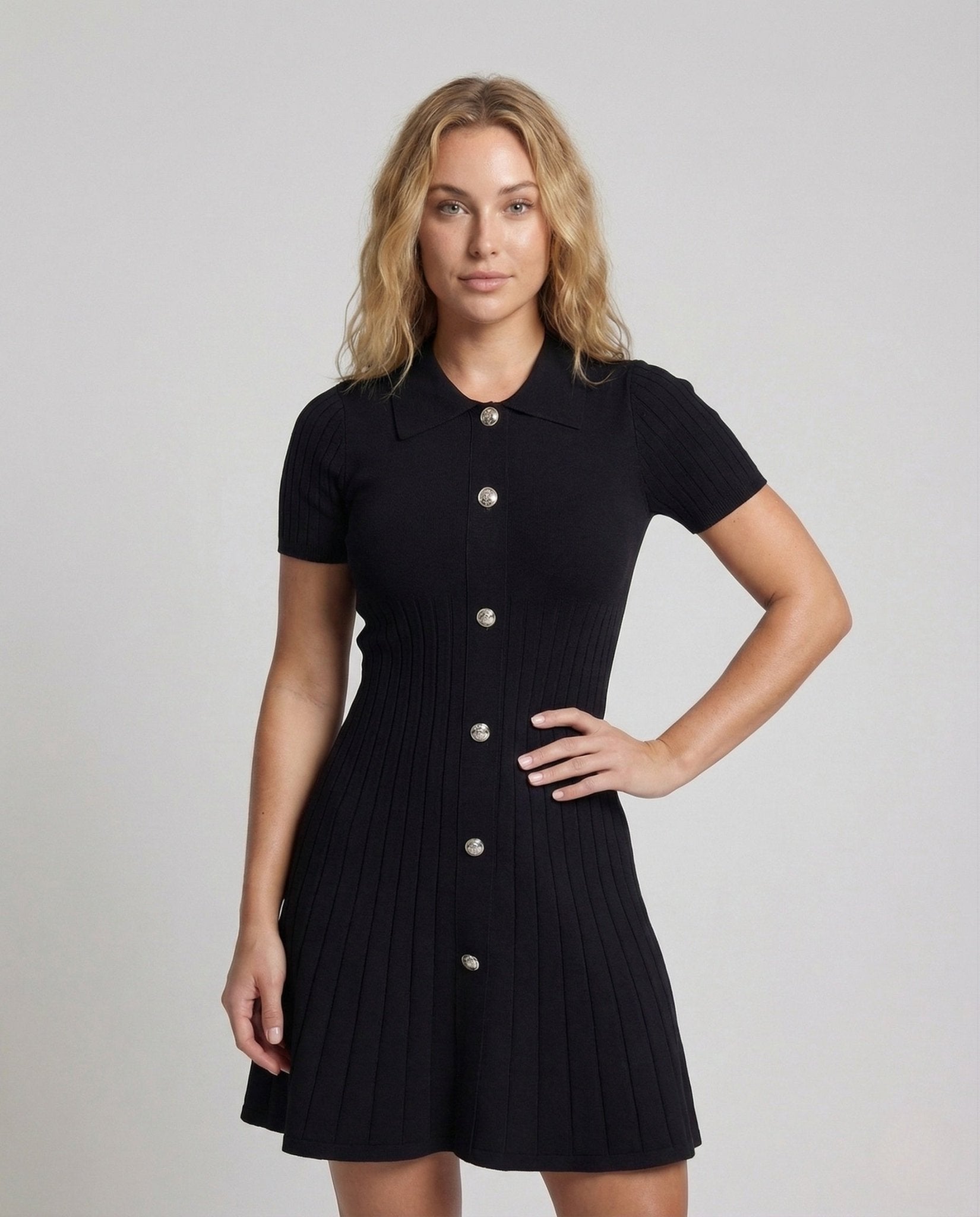 Women's ribbed knit dress with polo collar and button placket - Chichicherry