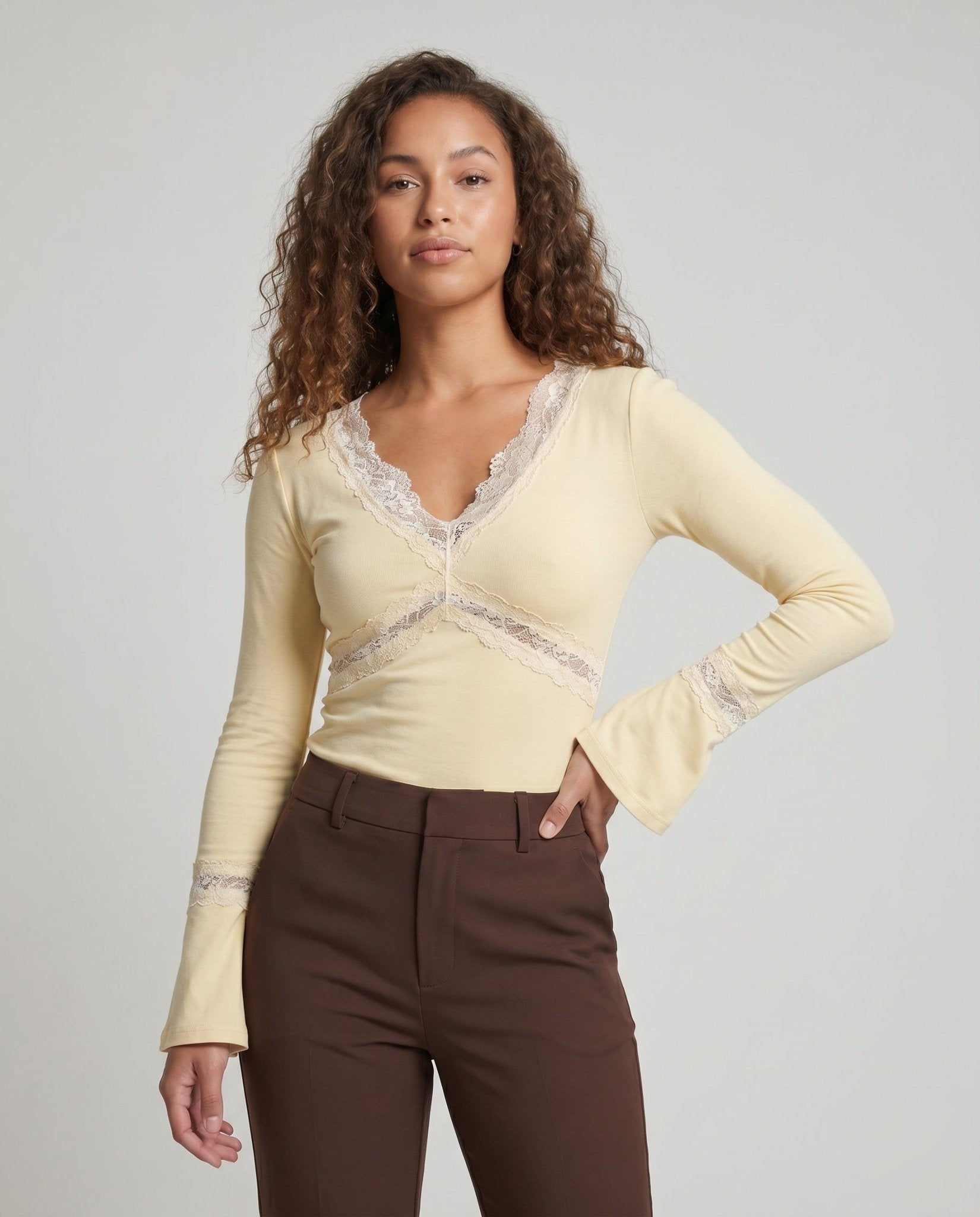Women's romantic long sleeve shirt with an elegant lace V neck - Chichicherry