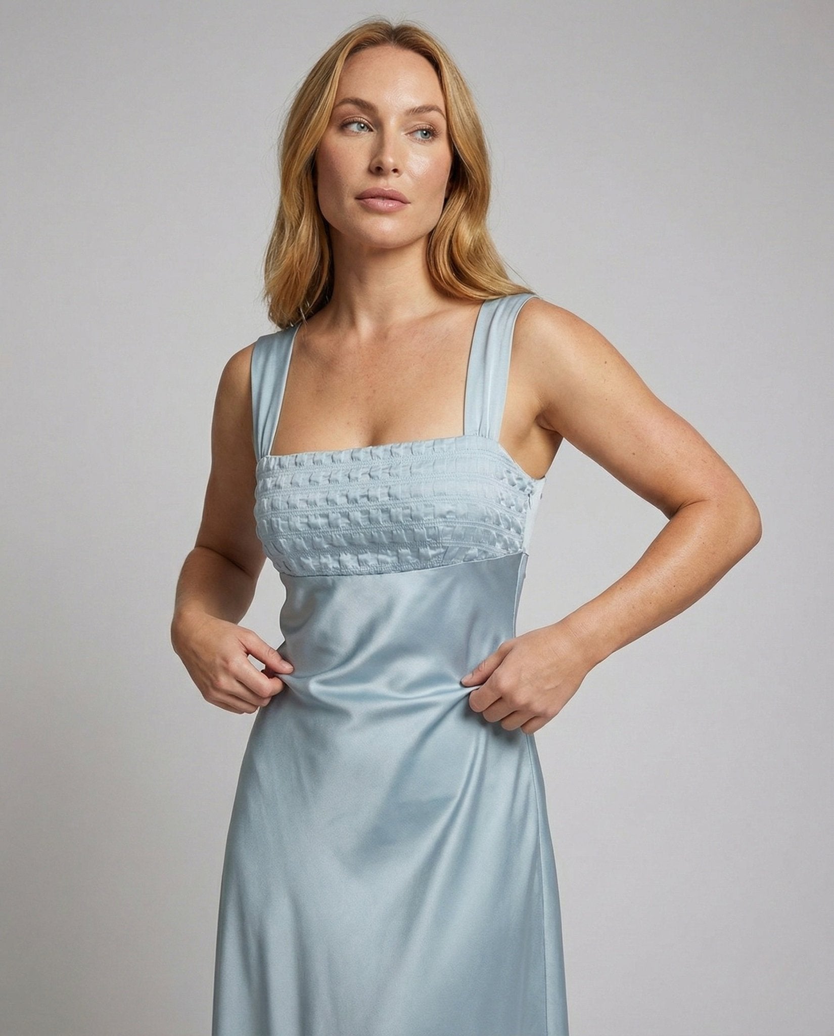 Women's Satin Evening Dress with Embroidered Bustier - Chichicherry