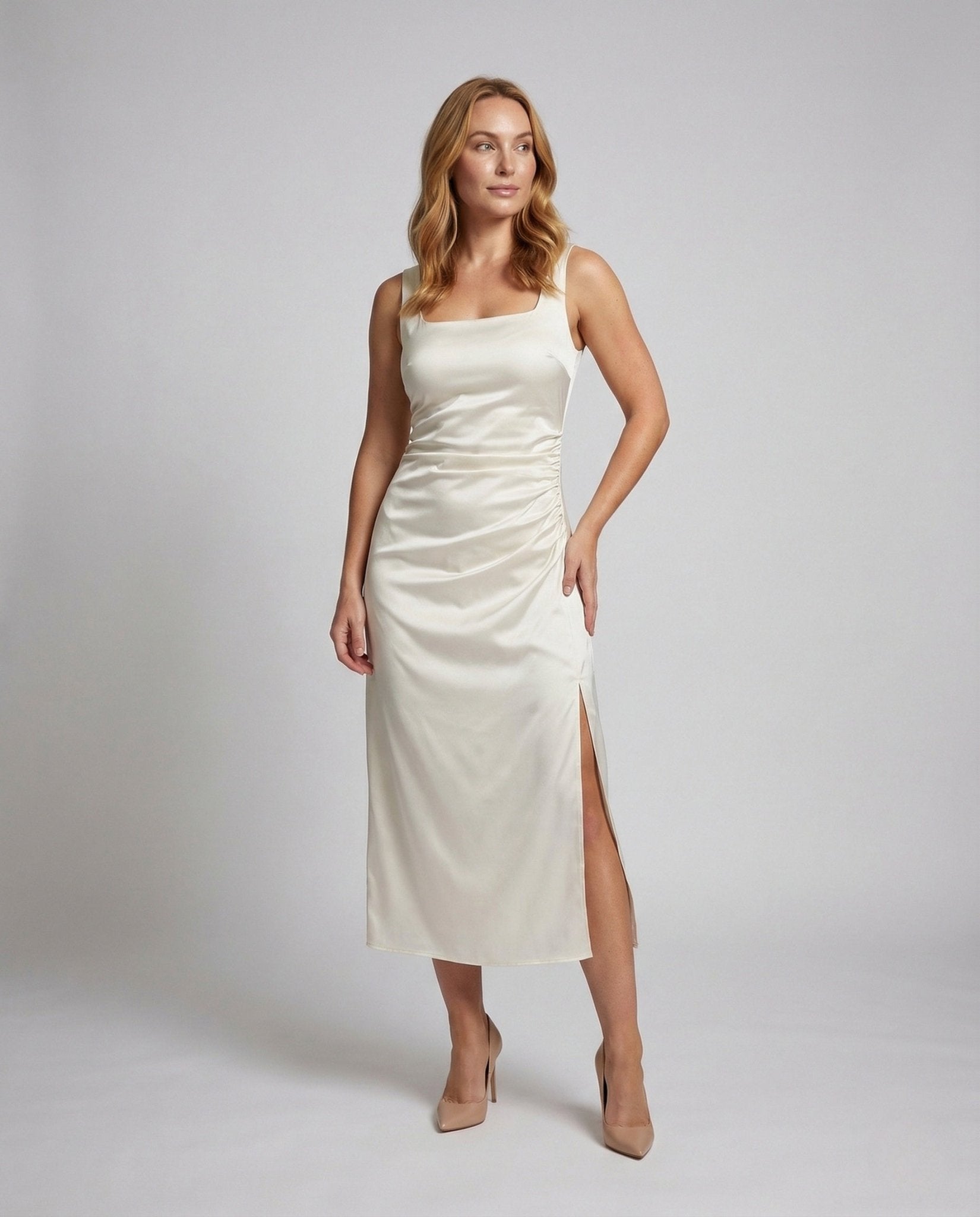 Women's Satin Evening Dress with High Slit - Chichicherry