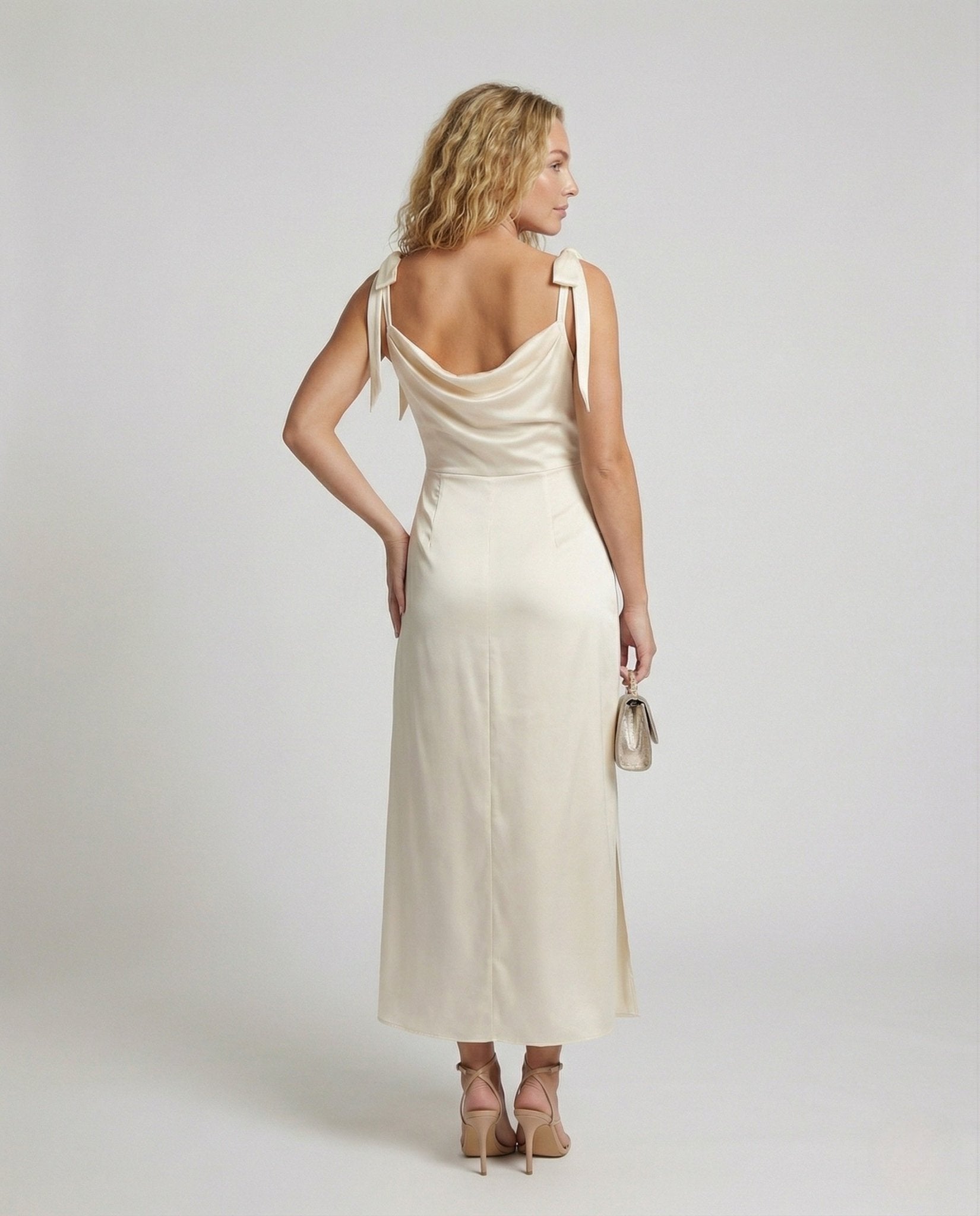 Women's Satin Evening Dress with Waterfall Neckline - Chichicherry
