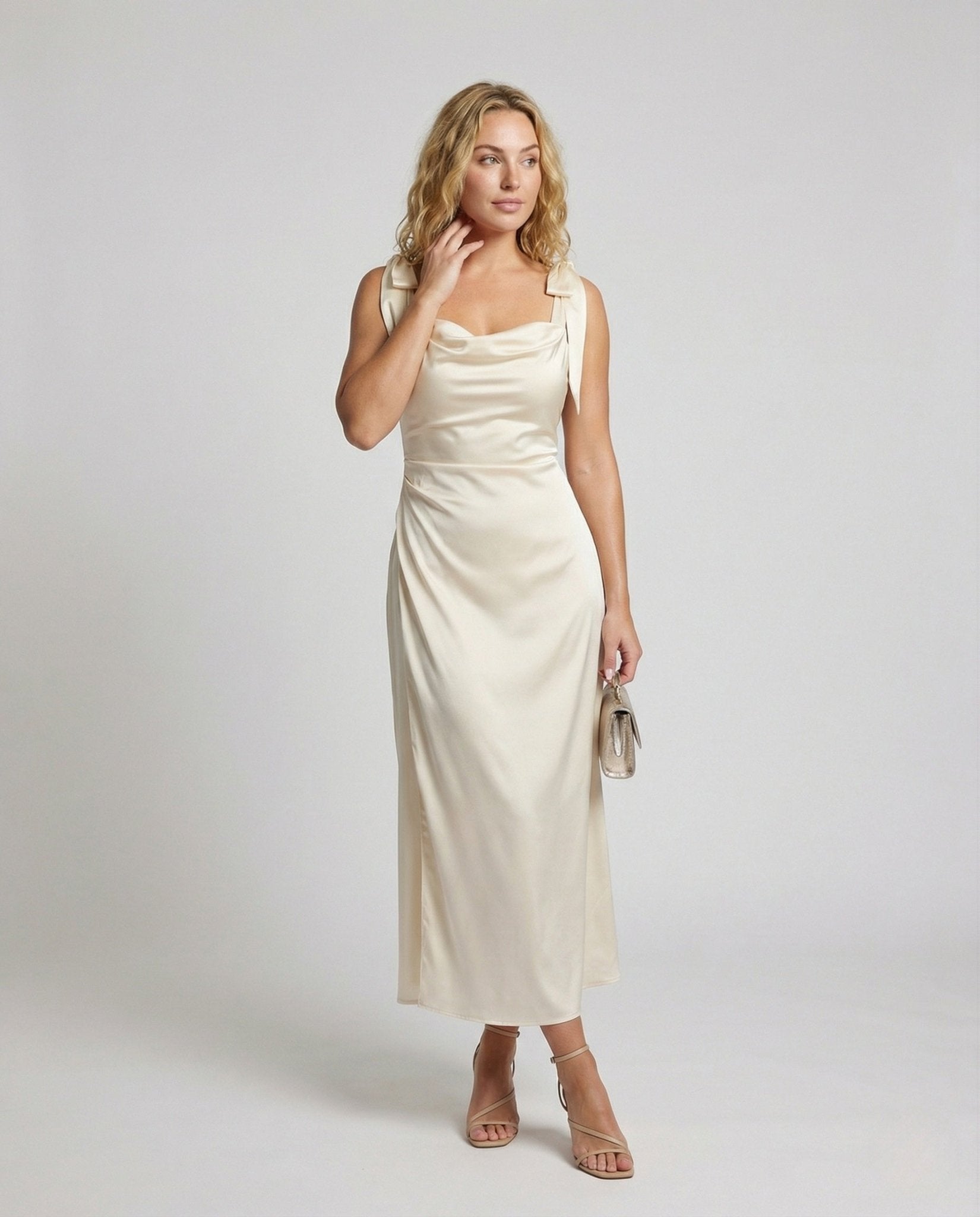 Women's Satin Evening Dress with Waterfall Neckline - Chichicherry