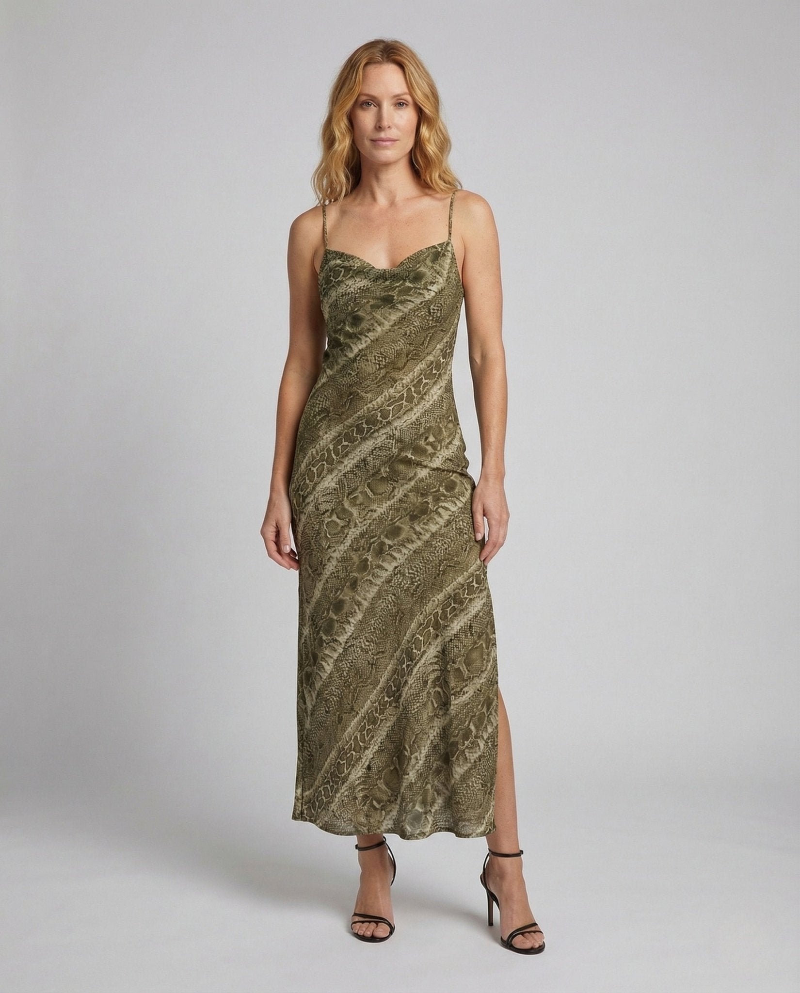 Women's Satin Maxi Dress with Leg Slit - Chichicherry