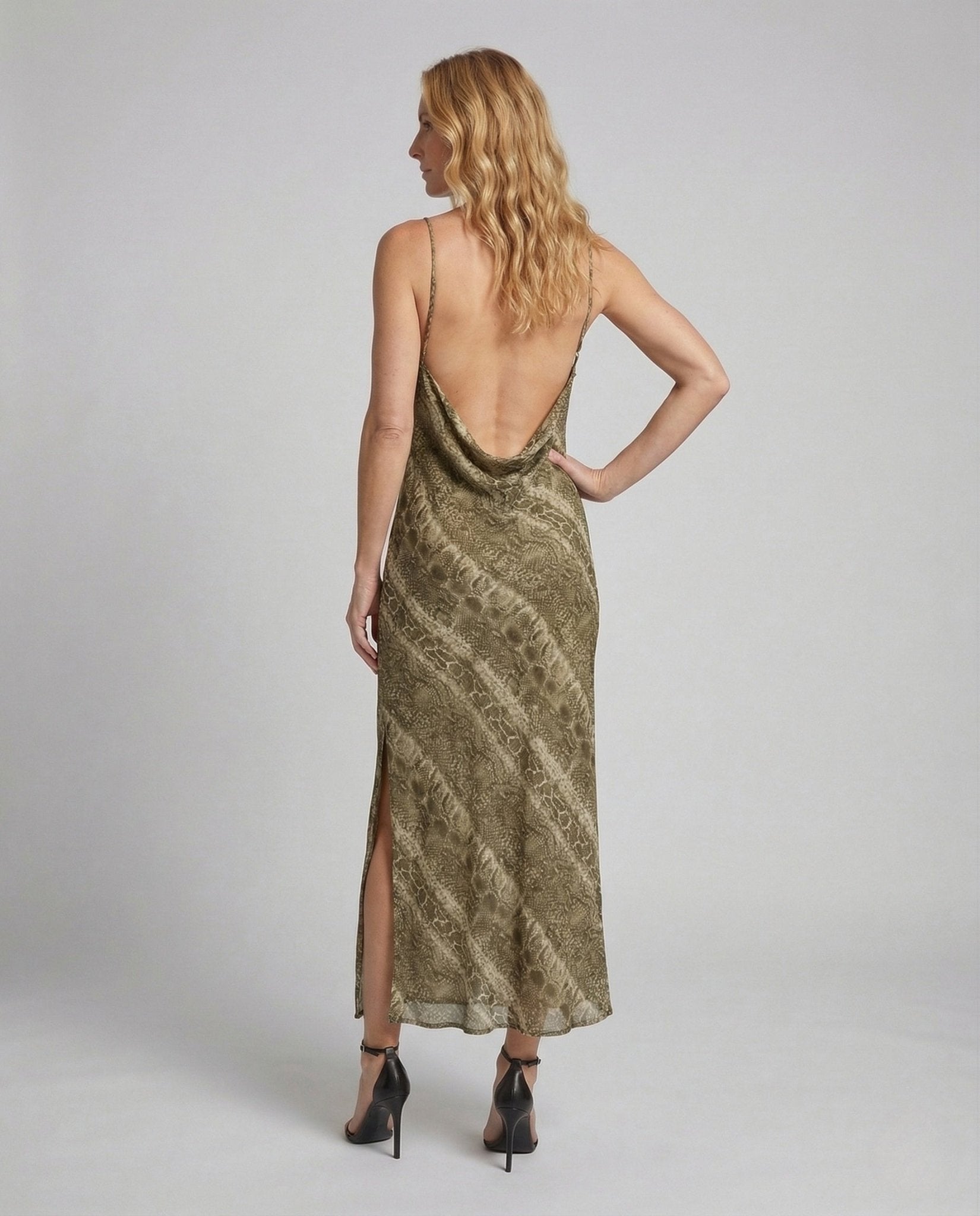 Women's Satin Maxi Dress with Leg Slit - Chichicherry