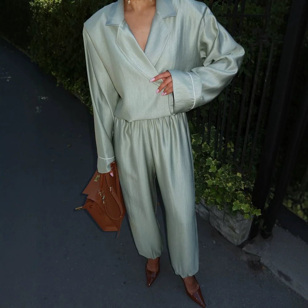 Women's satin two-piece set with wrap blouse, wide pants and elastic waistband Chichicherry - Chichicherry