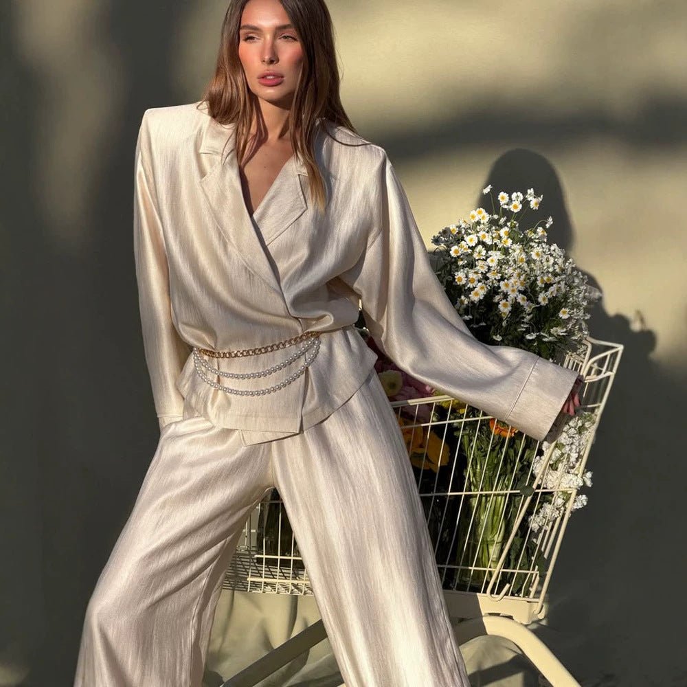 Women's satin two-piece set with wrap blouse, wide pants and elastic waistband Chichicherry - Chichicherry