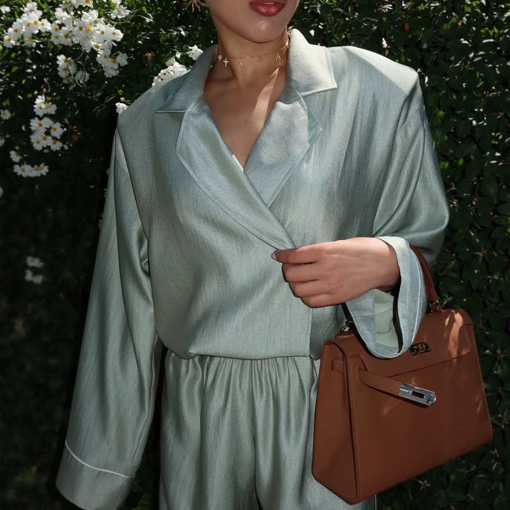 Women's satin two-piece set with wrap blouse, wide pants and elastic waistband Chichicherry - Chichicherry