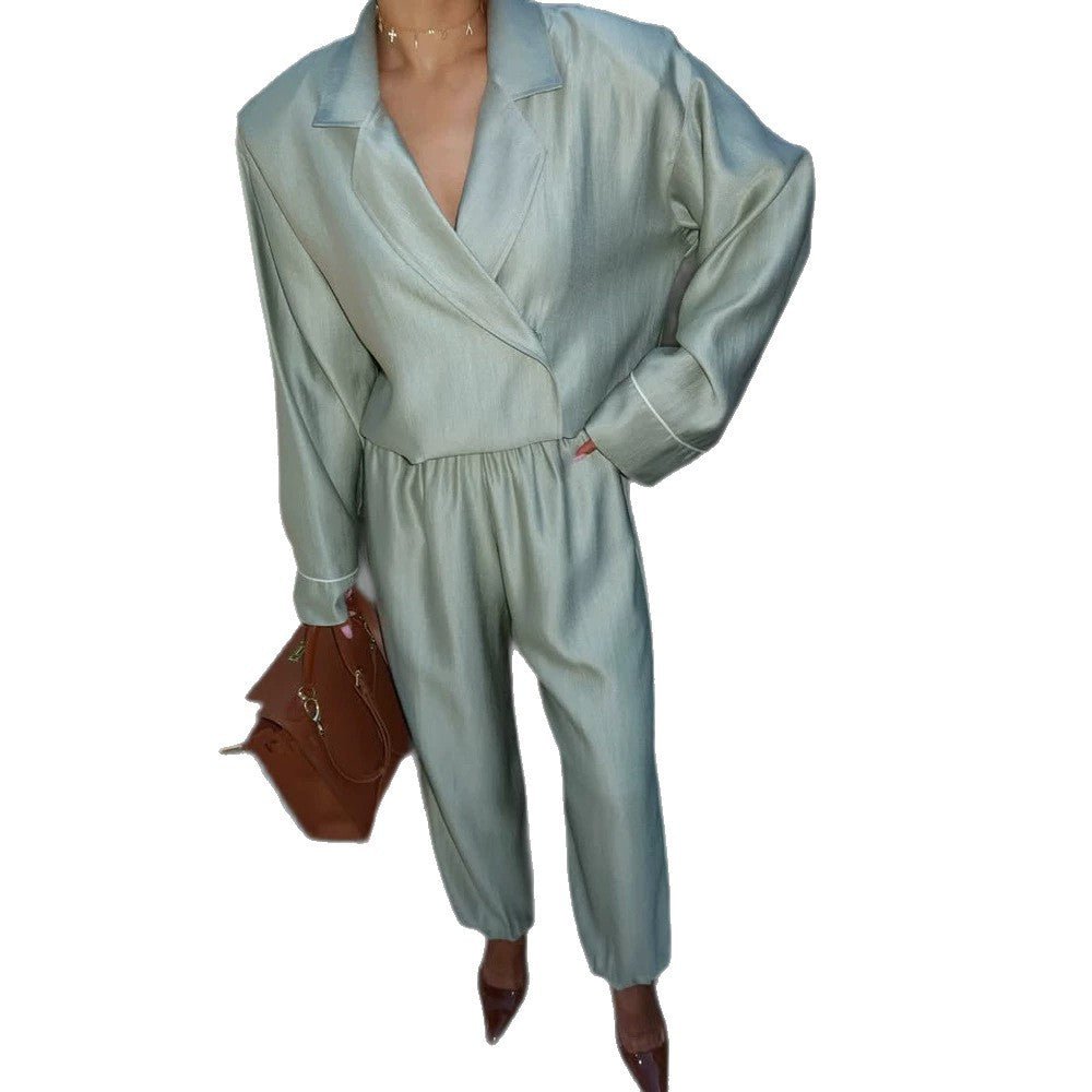 Women's satin two-piece set with wrap blouse, wide pants and elastic waistband Chichicherry - Chichicherry