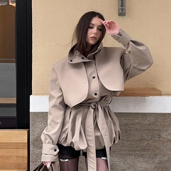 Women's Sculptural Boxy Blouson with High Stand-Up Collar and Gathered Volume Hem Chichicherry - Chichicherry
