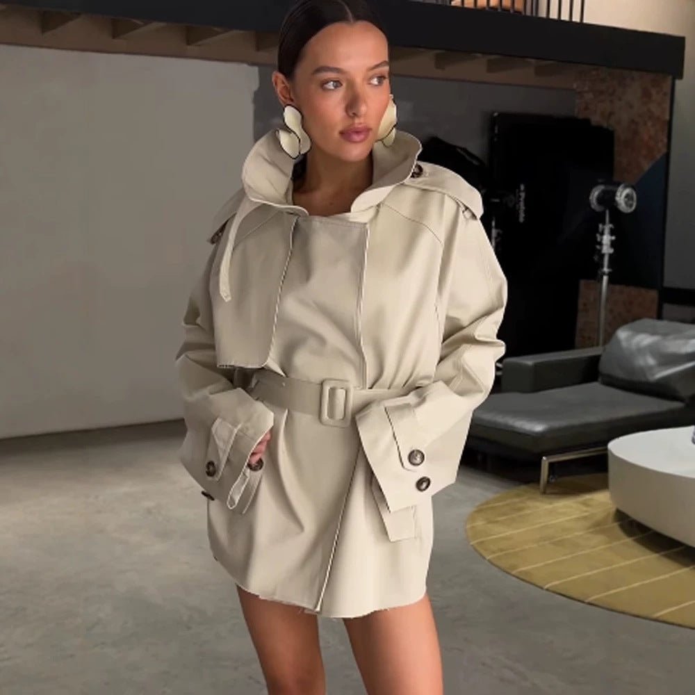 Women's Sculptural Short Trench with Oversized Shawl Collar and Fitted Belt Chichicherry - Chichicherry