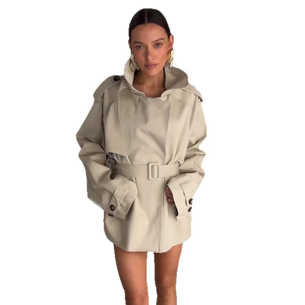 Women's Sculptural Short Trench with Oversized Shawl Collar and Fitted Belt Chichicherry - Chichicherry