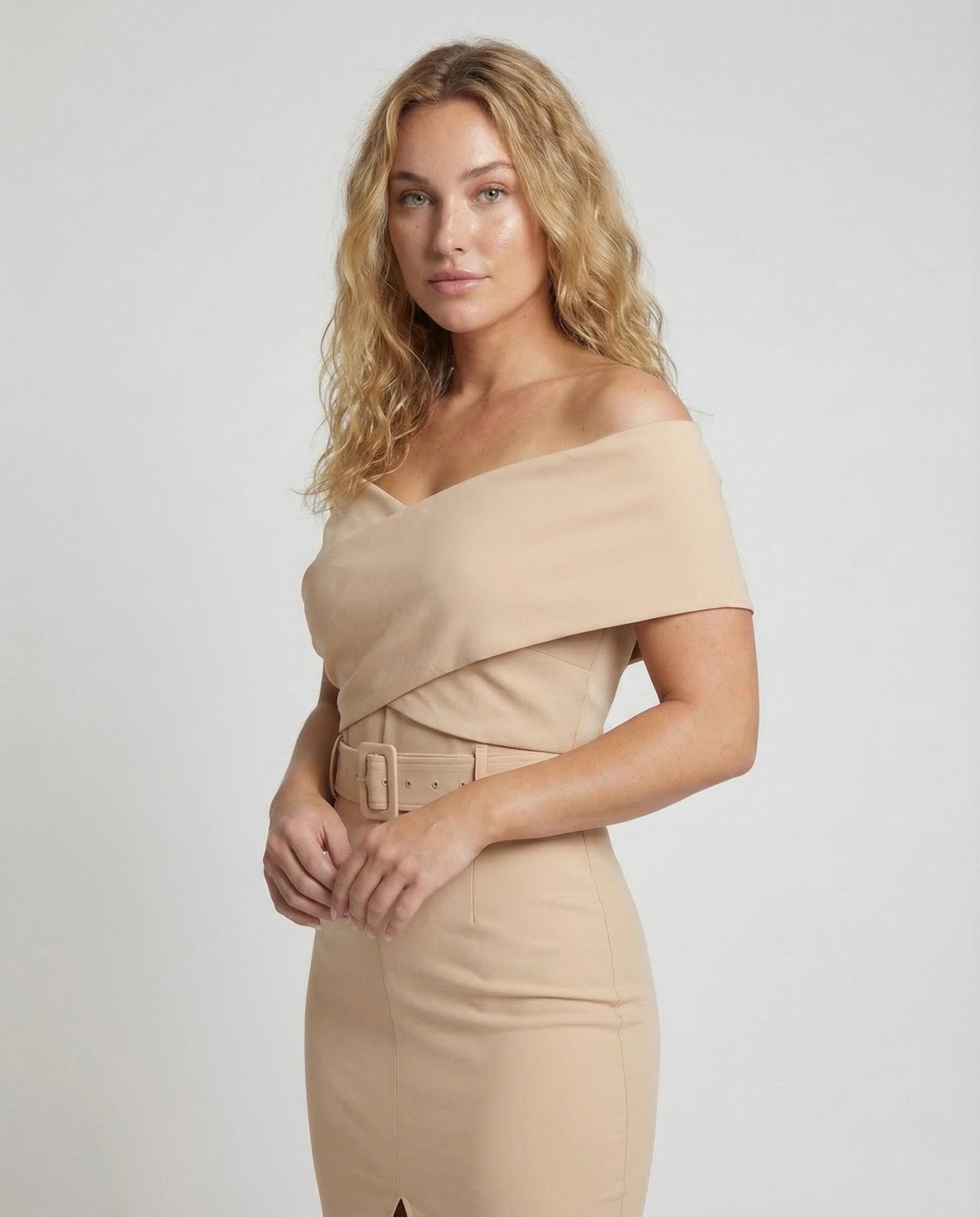 Women's sheath dress with Carmen collar, belt, slit - Chichicherry