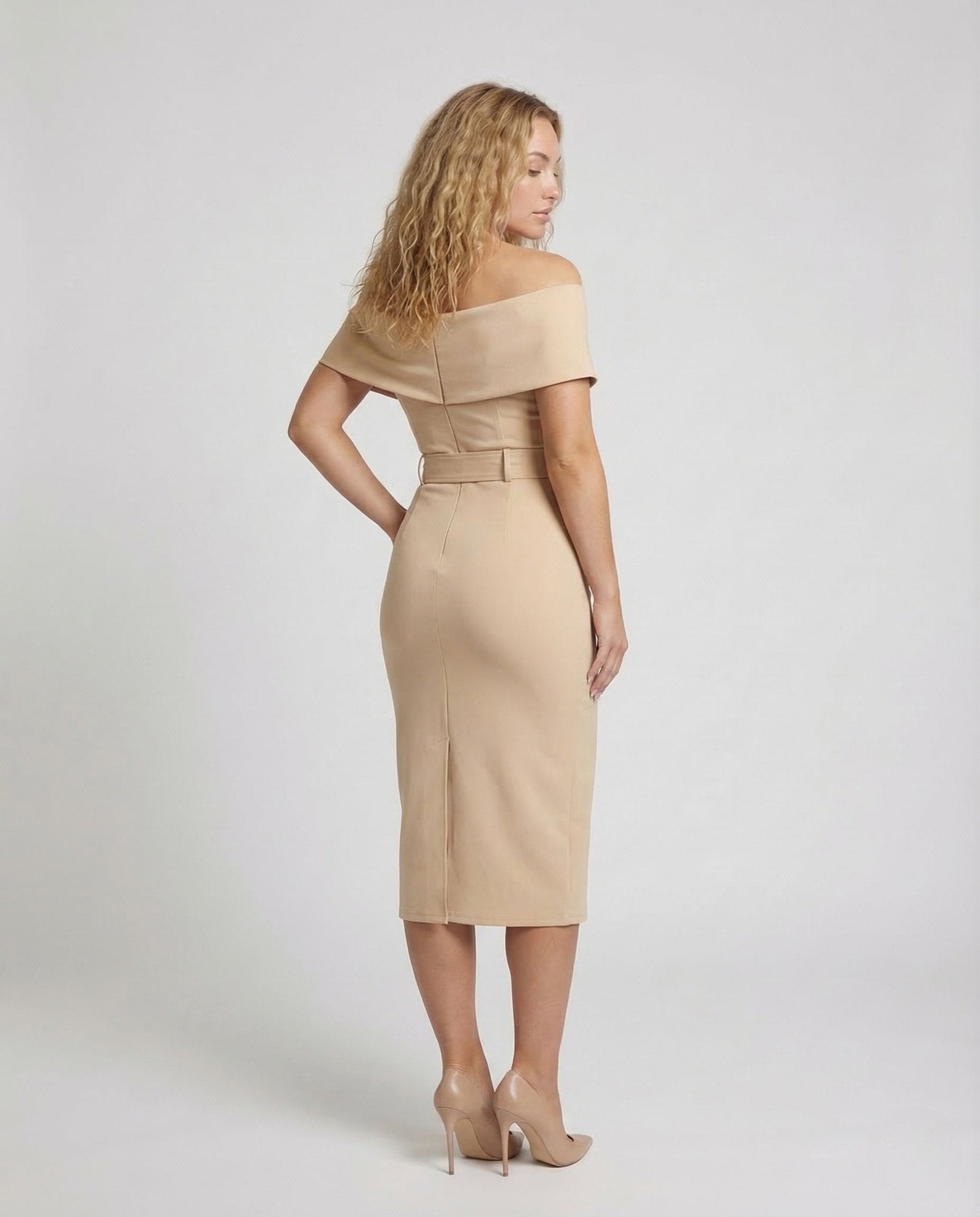 Women's sheath dress with Carmen collar, belt, slit - Chichicherry