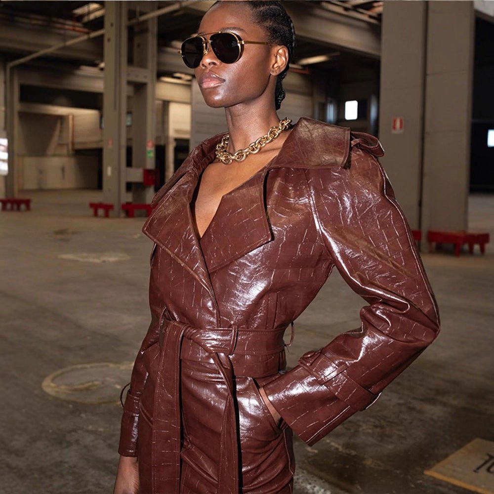 Women's Shiny Crocodile Pattern Trench Coat with Waist Belt and Wide Lapels Chichicherry - Chichicherry