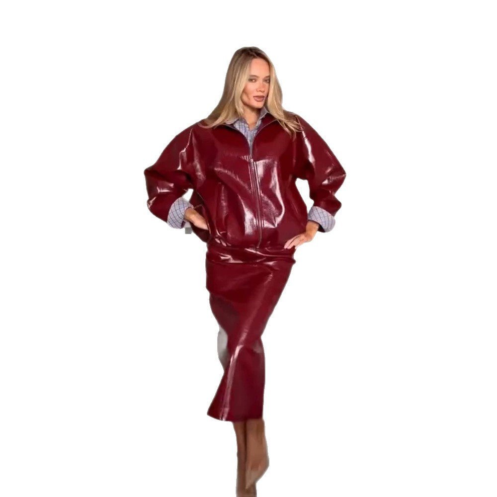 Women's Shiny Faux Leather Two-Piece with Oversized Zip Jacket and Tailored Midi Skirt Chichicherry - Chichicherry