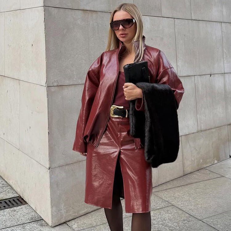 Women's Shiny Faux Leather Two-Piece with Oversized Zip Jacket and Tailored Midi Skirt Chichicherry - Chichicherry