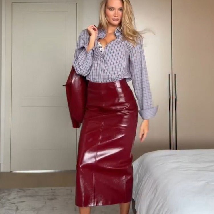 Women's Shiny Faux Leather Two-Piece with Oversized Zip Jacket and Tailored Midi Skirt Chichicherry - Chichicherry