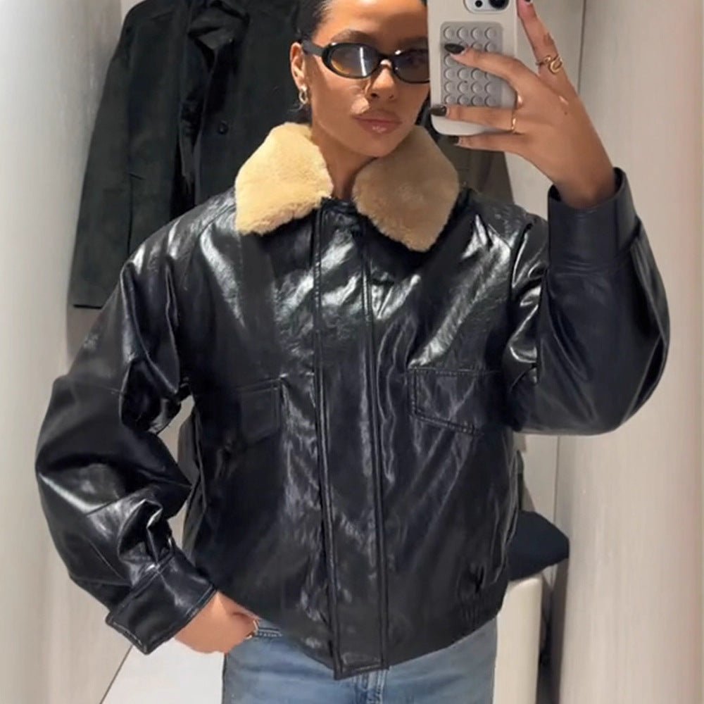 Women's Shiny Oversized Faux Leather Bomber Jacket with Voluminous Faux Fur Collar Chichicherry - Chichicherry