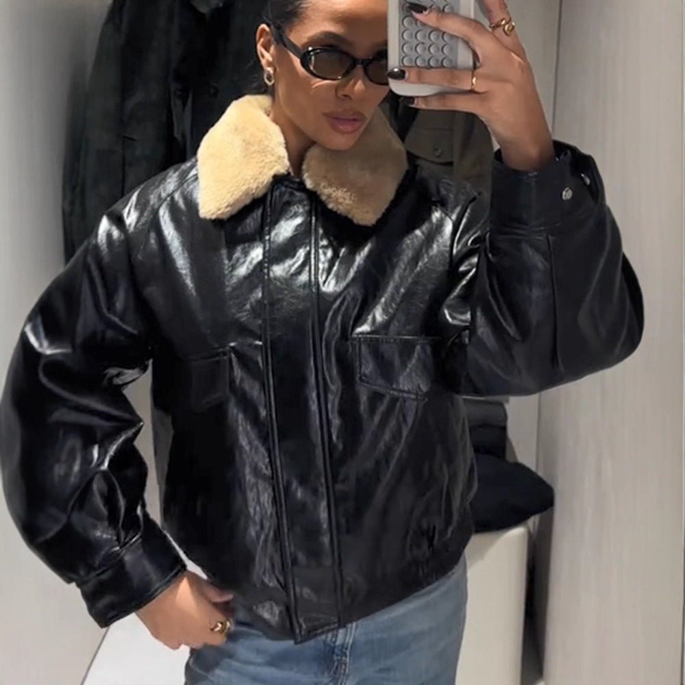 Women's Shiny Oversized Faux Leather Bomber Jacket with Voluminous Faux Fur Collar Chichicherry - Chichicherry