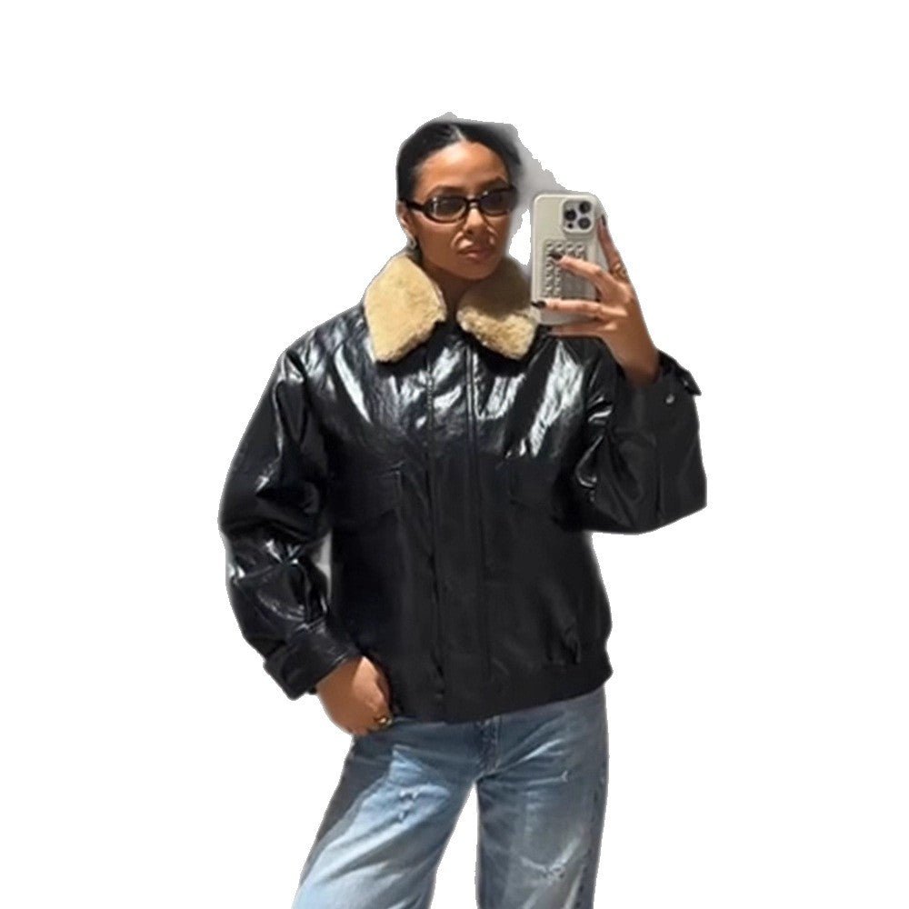 Women's Shiny Oversized Faux Leather Bomber Jacket with Voluminous Faux Fur Collar Chichicherry - Chichicherry
