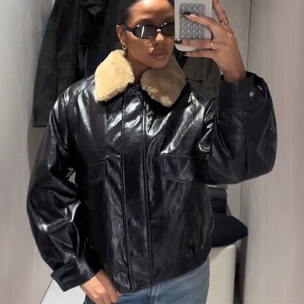 Women's Shiny Oversized Faux Leather Bomber Jacket with Voluminous Faux Fur Collar Chichicherry - Chichicherry