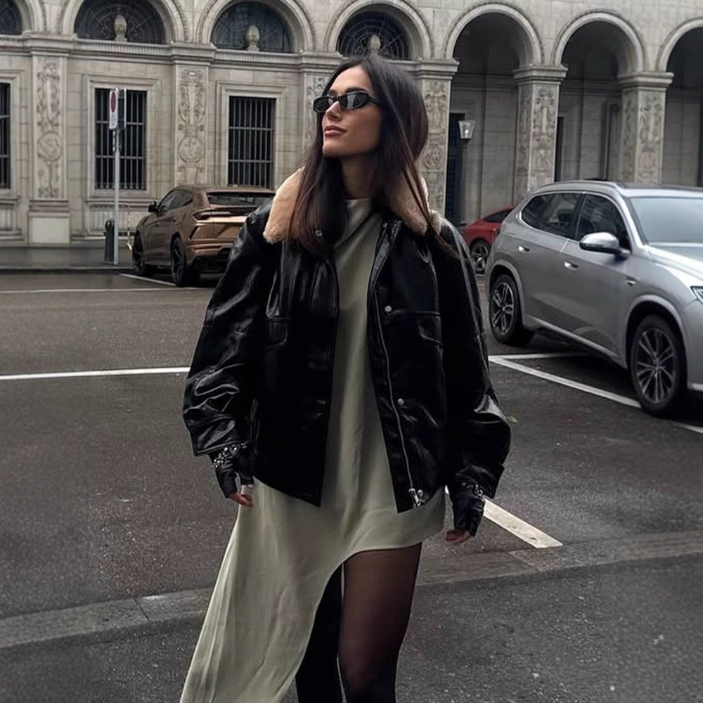 Women's Shiny Oversized Faux Leather Bomber Jacket with Voluminous Faux Fur Collar Chichicherry - Chichicherry
