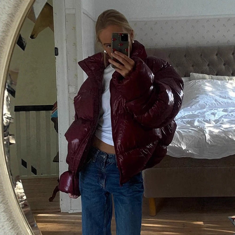 Women's Shiny Oversized Padded Jacket with Hood and High Stand-Up Collar Chichicherry - Chichicherry